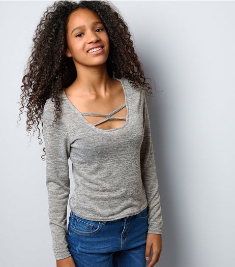 Teens Grey Fine Knit Cross Front Top | New Look