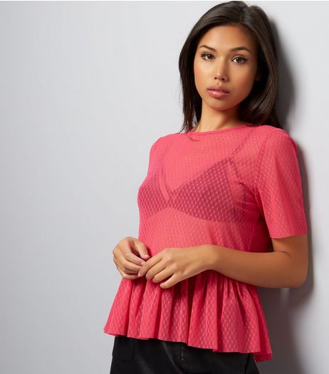 Bright Pink Spot Mesh Peplum Hem Top | New Look