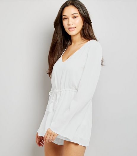 Blue Vanilla White Tassel Drawstring Lace Trim Playsuit | New Look