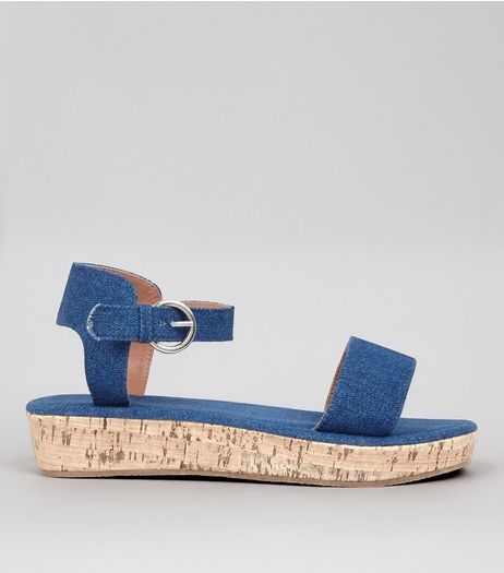Blue Denim Cork Sole Sandals | New Look