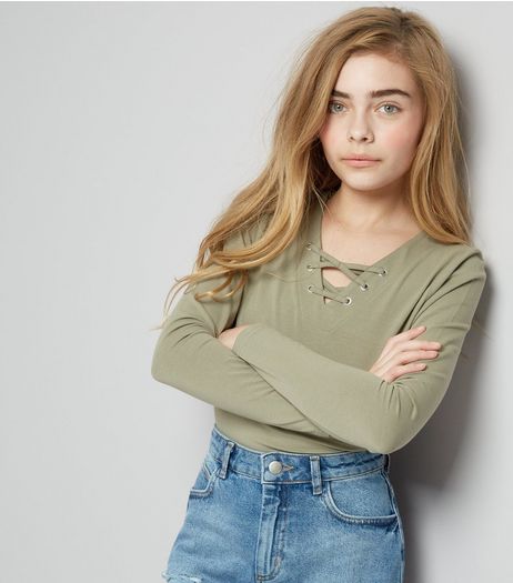 Teens Khaki Eyelet Lace Up Long Sleeve Top | New Look