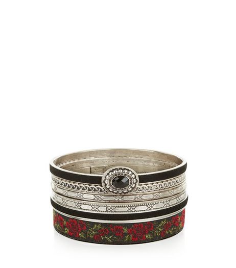 6 Pack Silver Floral Bangle Pack | New Look