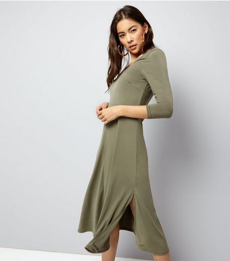 Khaki Jersey Long Sleeve Midi Skater Dress | New Look
