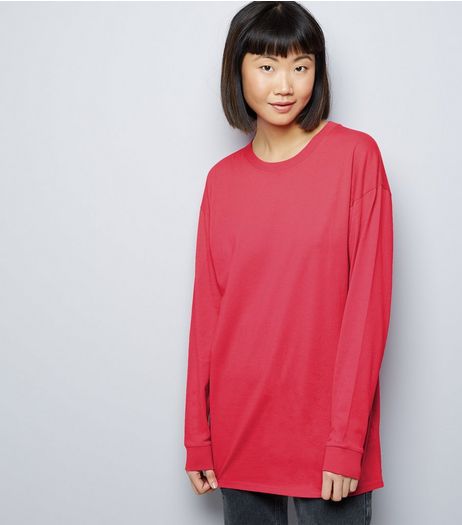 Bright Pink Longline Skater T-Shirt | New Look