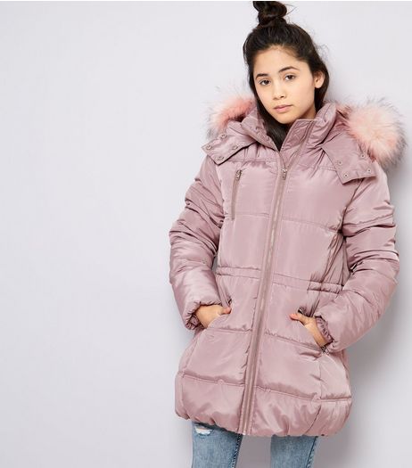 Teens Pink High Shine Faux Fur Trim Hooded Puffer Jacket | New Look