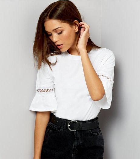 White Cut Out Frill Sleeve T-Shirt | New Look