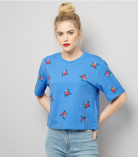 Blue Floral Embroidered Short Sleeve T-Shirt | New Look