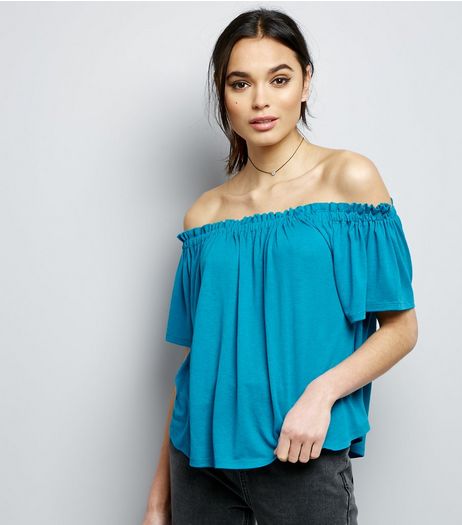 Blue Shirred Bardot Neck Top | New Look