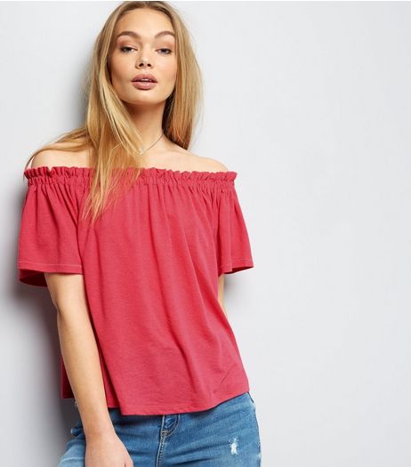 Bright Pink Shirred Bardot Neck Top | New Look