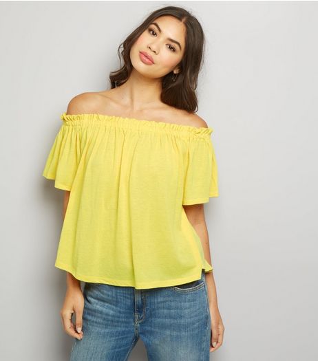 Yellow Shirred Bardot Neck Top | New Look