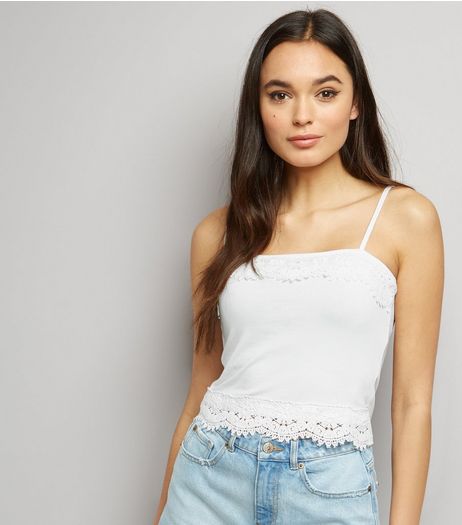 White Lace Trim Cropped Cami Top | New Look