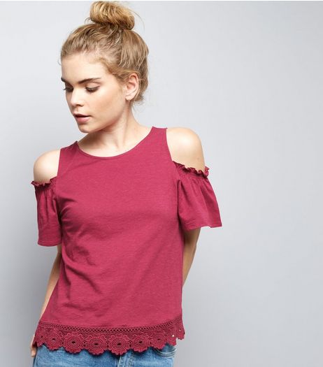 Deep Pink Frill Trim Cold Shoulder Top | New Look