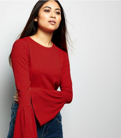 Petite Red Ribbed Bell Sleeve Top | New Look