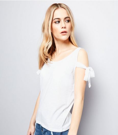 White Cold Shoulder Tie Sleeve Top | New Look