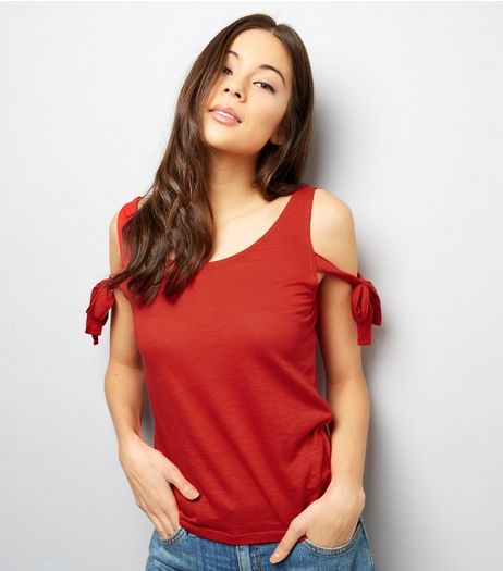 Red Tie Sleeve Cold Shoulder Top | New Look