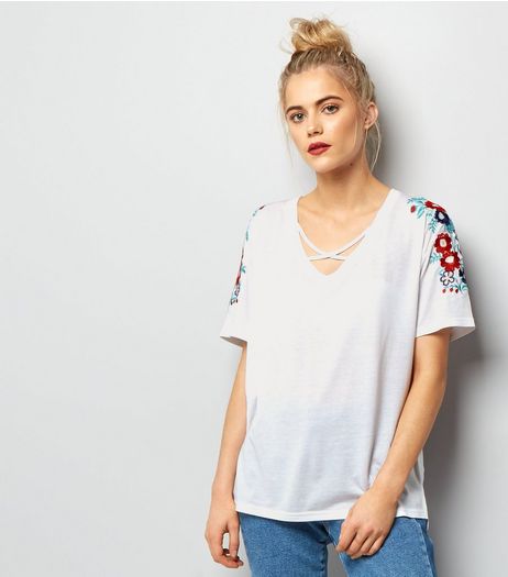 White Floral Embroidered Lattice Front T-Shirt | New Look