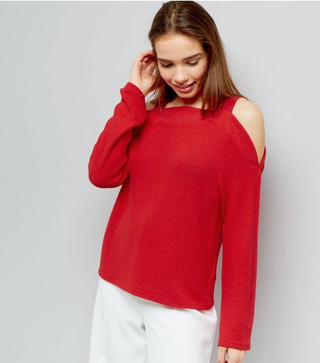 Red Brushed Cold Shoulder Jumper | New Look