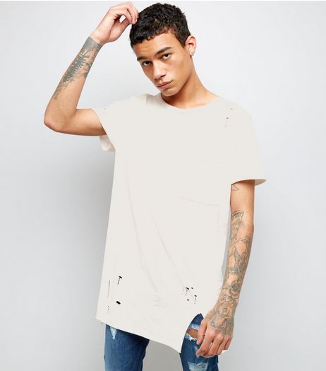 White Distressed Pocket Front Longline T-Shirt | New Look