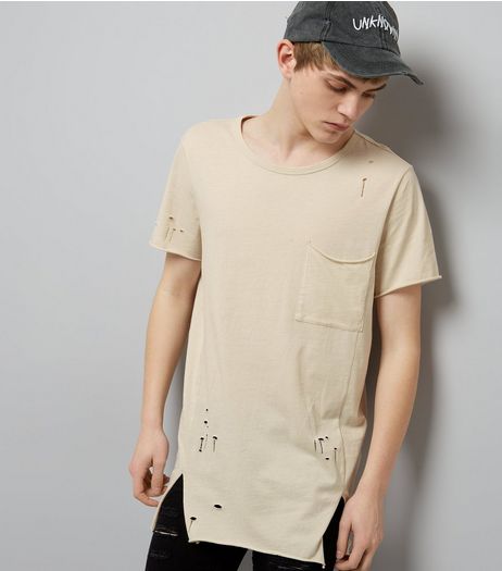 Stone Distressed Pocket Front Longline T-Shirt | New Look