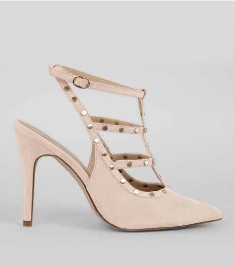 Nude Pink Suedette Strappy Stud Pointed Heels | New Look