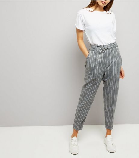 Grey Pinstripe Belted Tapered Trousers | New Look