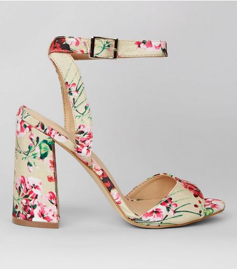 White Floral Print Flared Block Heels | New Look