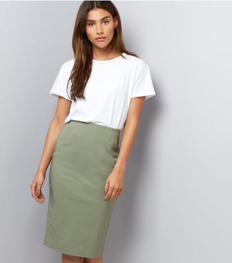 Khaki Bengaline Split Back Midi Pencil Skirt | New Look