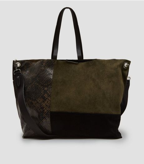 Khaki Suede Colour Block Tote Bag | New Look