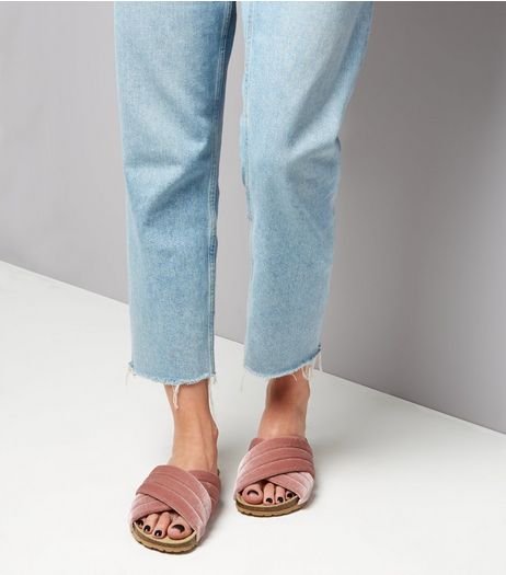 Wide Fit Pink Velvet Chunky Sliders | New Look