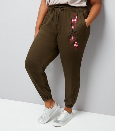 Curves Khaki Embroidered Trousers | New Look