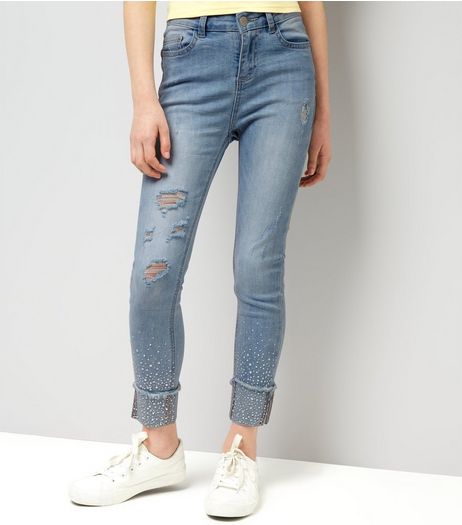 Teens Blue Gem Studded Skinny Jeans | New Look