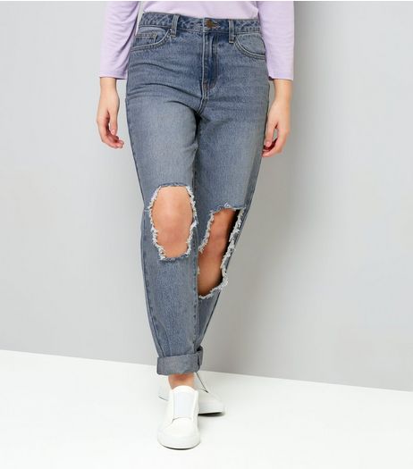 Teens Blue Ripped Knee Mom Jeans | New Look