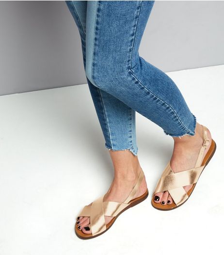 Wide Fit Rose Gold Leather Cross Strap Sandals | New Look