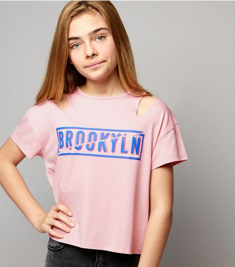 Teens Pink Brooklyn Cut Out Shoulder T-Shirt | New Look