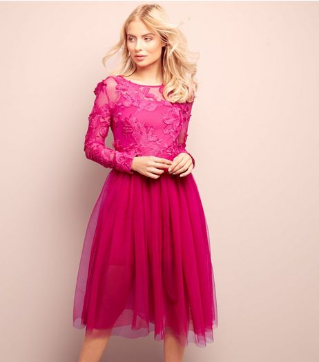 Bright Pink 2 in 1 Floral Lace Tulle Dress | New Look
