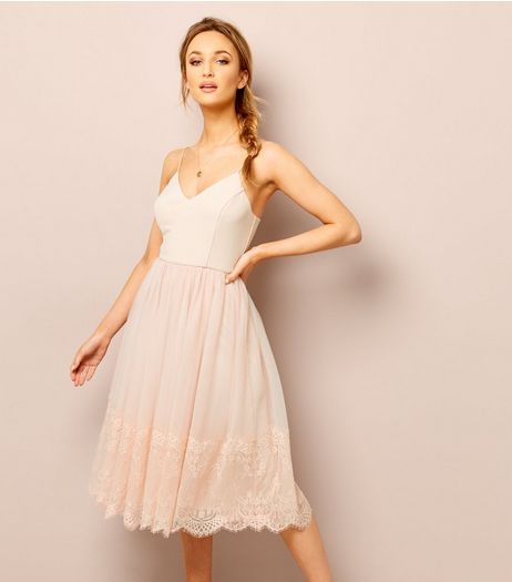 Shell Pink Premium Lace Trim Tulle Midi Dress | New Look