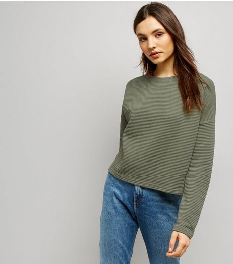 Khaki Ribbed Batwing Sleeve Cropped Sweater | New Look