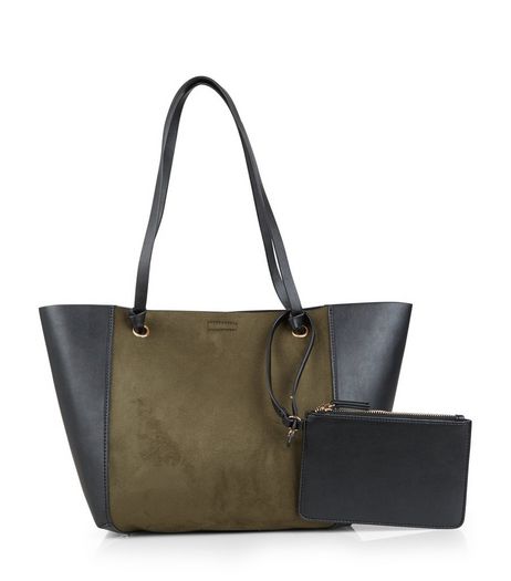 Khaki Suedette Panel Tote Bag | New Look