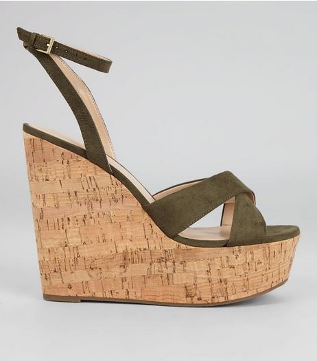 Khaki Suedette Cork Wedge Heels | New Look