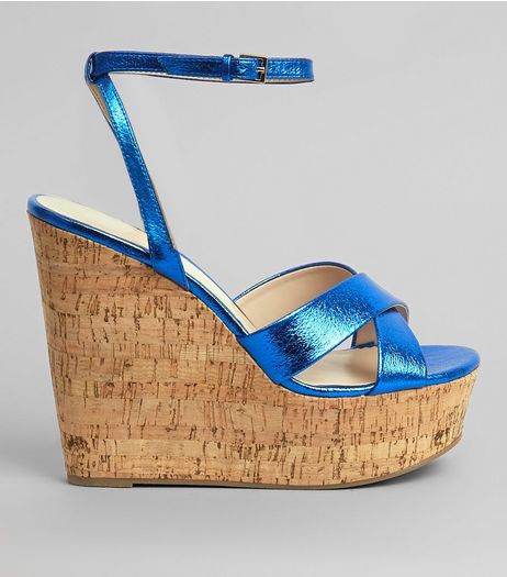 Blue Cross Strap Cork Wedge Heels | New Look