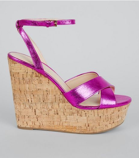 Pink Cross Strap Cork Wedge Heels | New Look