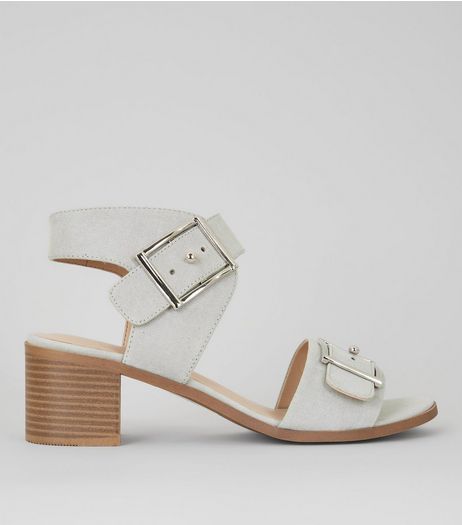 Grey Suedette Buckle Strap Low Block Heels | New Look