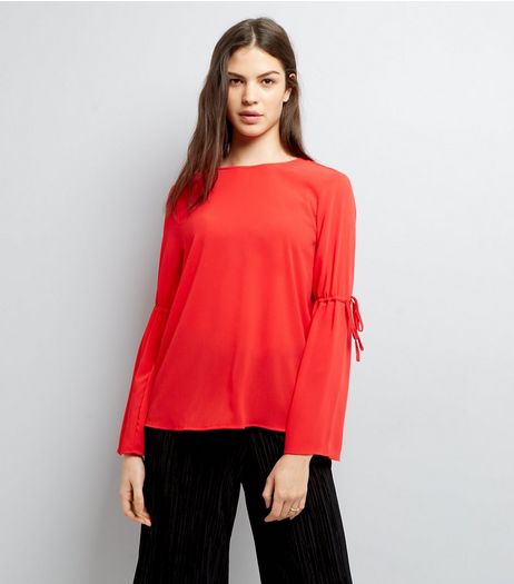 Red Tie Sleeve Top | New Look