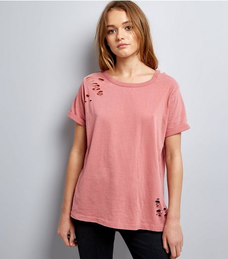 Tall Deep Pink Ripped Cut Out Neck T-Shirt | New Look