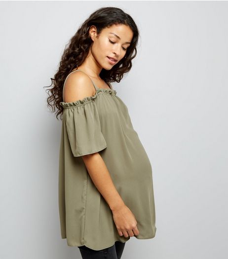 Maternity Khaki Frill Trim Bardot Top | New Look