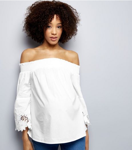 Maternity White Bardot Neck Lace Trim Bell Sleeve Top | New Look