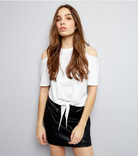 White Cold Shoulder Short Sleeve Tie Front Top | New Look