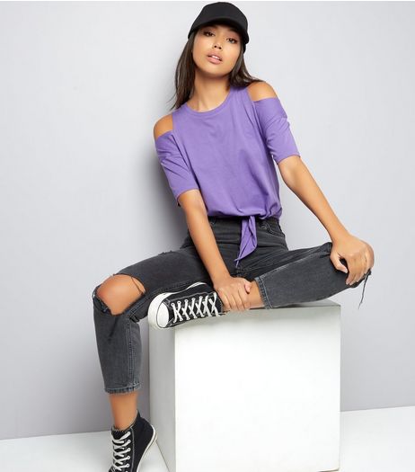 Purple Cold Shoulder Tie Front T-Shirt | New Look