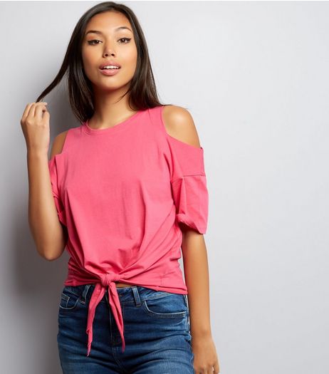 Pink Cold Shoulder Tie Front T-Shirt | New Look