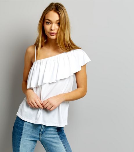 White Asymmetric Frill Trim One Shoulder Top | New Look